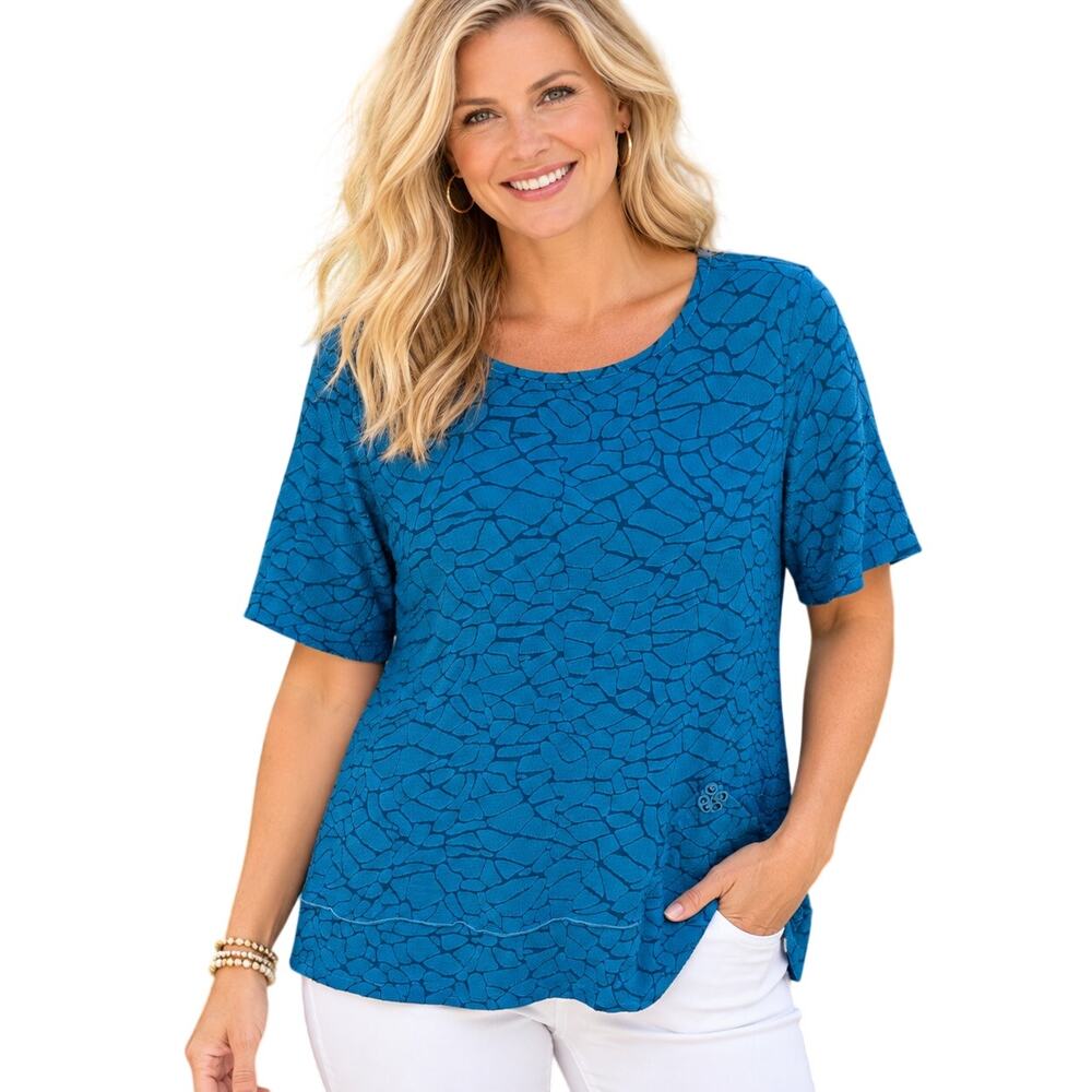 Ali Miles Lagenlook Top Womens Size MP Turquoise Pocket Artsy Burnout Medium